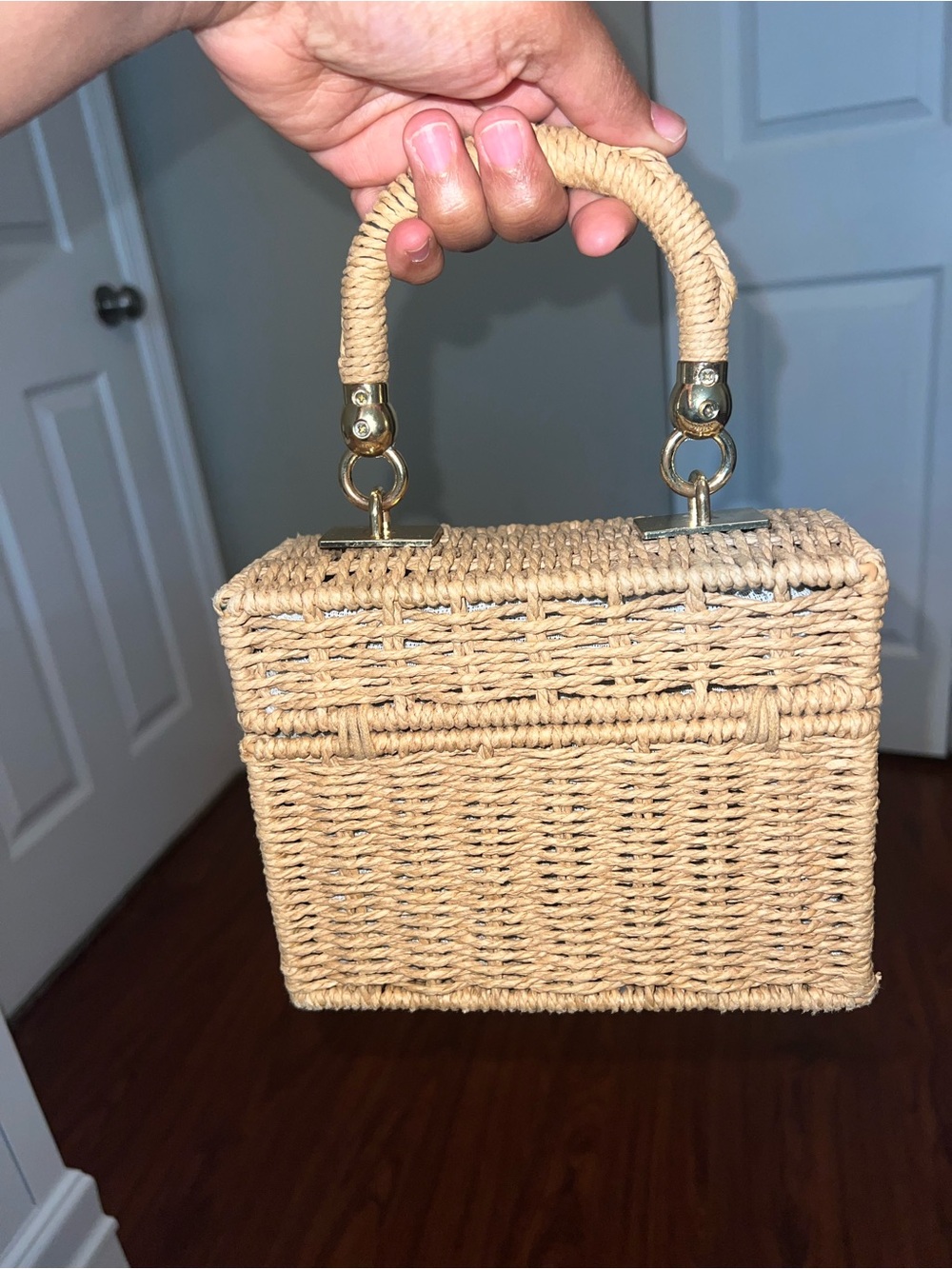 Handwoven Mini Box Bag in Natural Tan with Gold Hardware - Picture 2 of 5